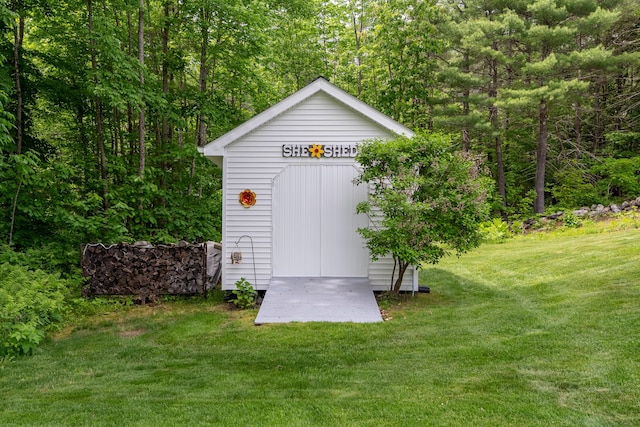 369 Grove St, Lewiston, ME 04240 - view of shed featuring a wooded view
