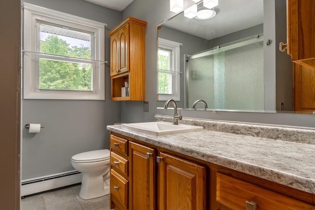 369 Grove St, Lewiston, ME 04240 - full bath featuring a baseboard radiator, vanity, a shower stall, tile patterned flooring, and toilet