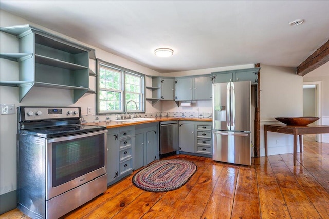 15 Feylers Corner Rd, Waldoboro, ME 04572 - kitchen with stainless steel appliances, open shelves, wood-type flooring, gray cabinets, and backsplash