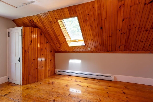 15 Feylers Corner Rd, Waldoboro, ME 04572 - bonus room featuring a baseboard radiator, vaulted ceiling, wood-type flooring, a skylight, and wooden walls