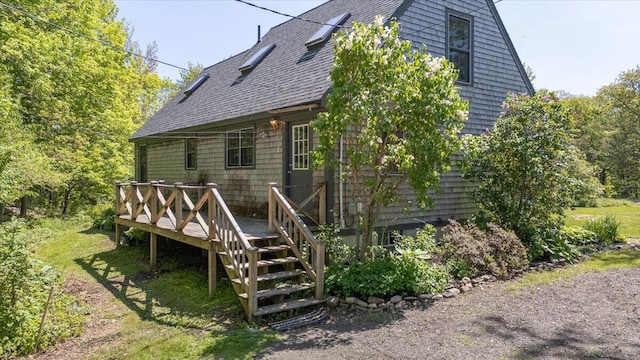15 Feylers Corner Rd, Waldoboro, ME 04572 - back of house with a wooden deck, a shingled roof, and stairway