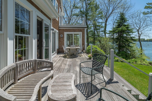 4 Roland Kimball Rd Unit 2, Freeport, ME 04032 - wooden terrace featuring a water view, outdoor dining space, and a yard