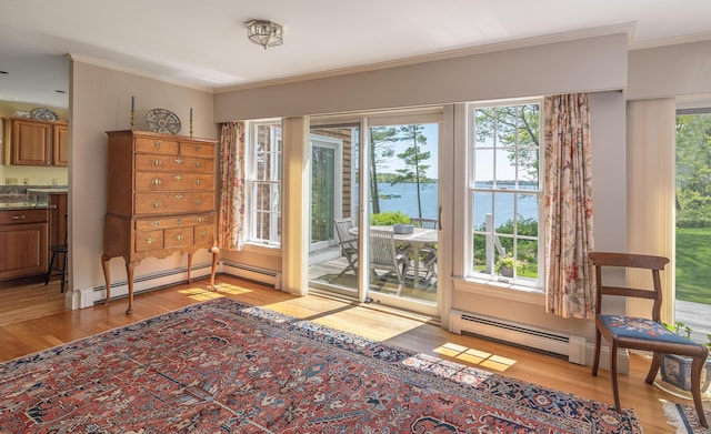 4 Roland Kimball Rd Unit 2, Freeport, ME 04032 - doorway to outside featuring light wood-style floors, crown molding, baseboard heating, and a water view