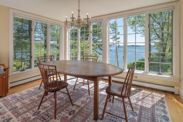 4 Roland Kimball Rd Unit 2, Freeport, ME 04032 - dining space with a baseboard radiator, a water view, a chandelier, and healthy amount of natural light
