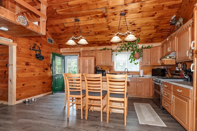 15 Doe Cir, Bingham, ME 04920 - dining room featuring vaulted ceiling, dark wood-type flooring, wooden ceiling, and wooden walls