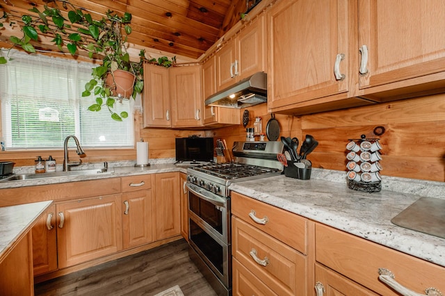 15 Doe Cir, Bingham, ME 04920 - kitchen with range with two ovens, under cabinet range hood, a sink, lofted ceiling, and dark wood-type flooring
