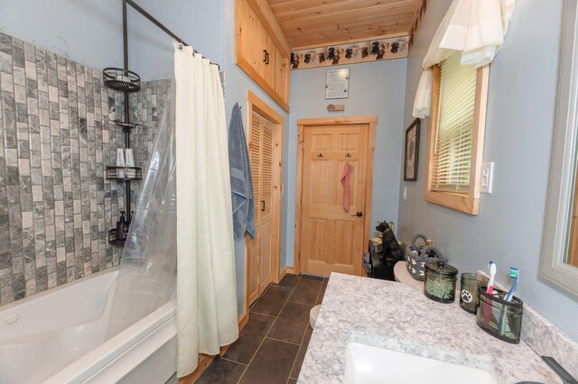 15 Doe Cir, Bingham, ME 04920 - full bath featuring tile patterned floors, shower / tub combo, wooden ceiling, and vanity