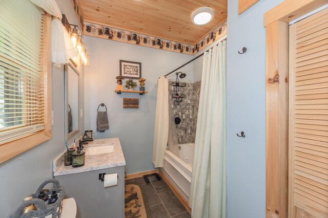 15 Doe Cir, Bingham, ME 04920 - full bath with tile patterned flooring, vanity, shower / bath combination with curtain, and wooden ceiling
