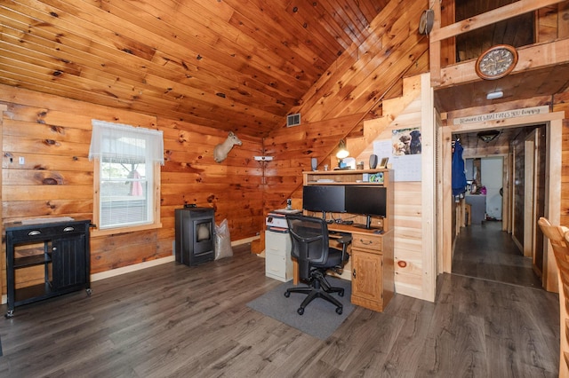 15 Doe Cir, Bingham, ME 04920 - office with vaulted ceiling, dark wood-style flooring, wood ceiling, wood walls, and baseboards