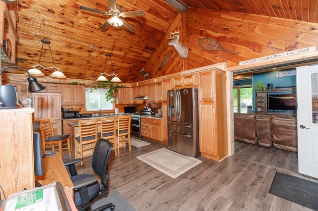15 Doe Cir, Bingham, ME 04920 - office space featuring wooden ceiling, a ceiling fan, high vaulted ceiling, wood finished floors, and wood walls