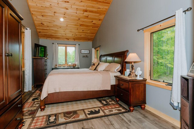 15 Doe Cir, Bingham, ME 04920 - bedroom featuring wood ceiling, wood finished floors, baseboards, and high vaulted ceiling