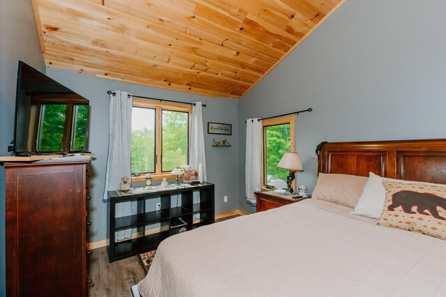 15 Doe Cir, Bingham, ME 04920 - bedroom featuring lofted ceiling, wooden ceiling, multiple windows, wood finished floors, and baseboards