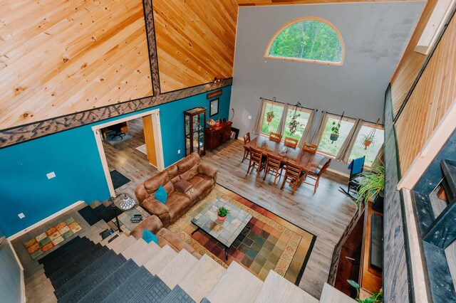 15 Doe Cir, Bingham, ME 04920 - living room featuring high vaulted ceiling and wood finished floors