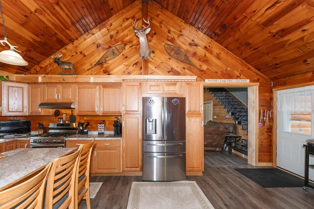 15 Doe Cir, Bingham, ME 04920 - kitchen with stainless steel appliances, wood walls, wood ceiling, under cabinet range hood, and dark wood-style flooring
