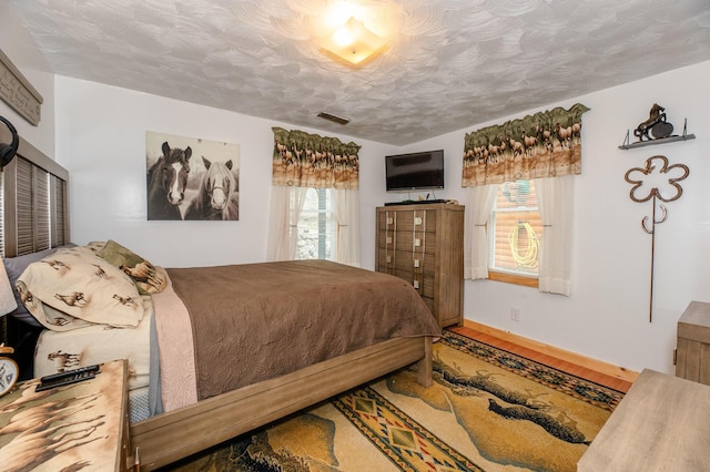 15 Doe Cir, Bingham, ME 04920 - bedroom with multiple windows, a textured ceiling, and wood finished floors