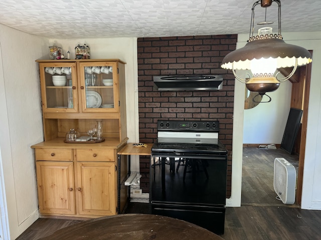 46 Arrowsic Rd, Arrowsic, ME 04530 - kitchen featuring extractor fan, black electric range, light countertops, and dark wood-style floors