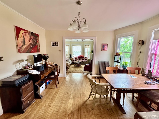 91 Washburn Ave, Portland, ME 04102 - dining room featuring radiator heating unit, ornamental molding, a chandelier, and light wood-style floors