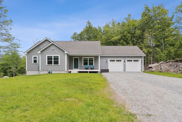 LOT10 Foye Rd, Wiscasset, ME 04578 - ranch-style home with driveway, a porch, a garage, a front yard, and roof with shingles