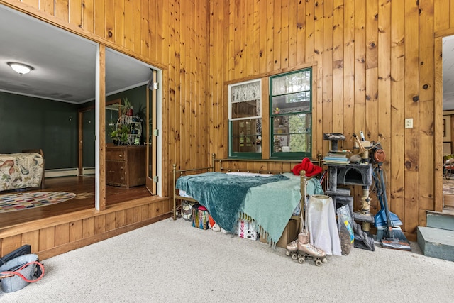 153 Shaker Rd, Gray, ME 04039 - bedroom with carpet flooring, wood walls, and ornamental molding