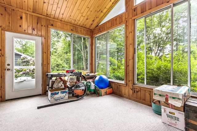 153 Shaker Rd, Gray, ME 04039 - sunroom / solarium featuring vaulted ceiling, plenty of natural light, wooden walls, carpet floors, and wooden ceiling
