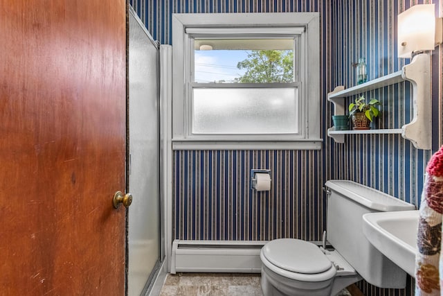 153 Shaker Rd, Gray, ME 04039 - bathroom with wallpapered walls, baseboard heating, and toilet