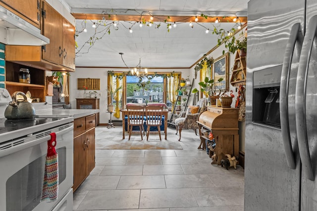 153 Shaker Rd, Gray, ME 04039 - kitchen with electric range, stainless steel fridge, under cabinet range hood, a chandelier, and brown cabinetry
