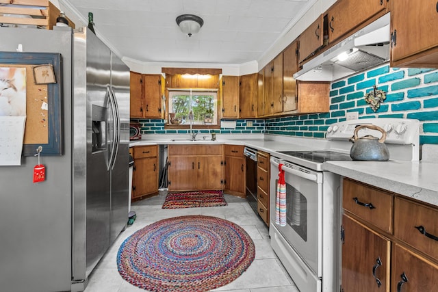 153 Shaker Rd, Gray, ME 04039 - kitchen featuring white range with electric stovetop, stainless steel fridge, under cabinet range hood, a sink, and tasteful backsplash