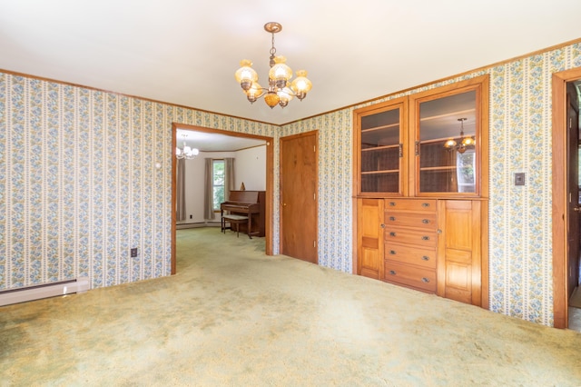 10 Joslyn St, Newport, ME 04953 - unfurnished dining area with a chandelier, wallpapered walls, ornamental molding, carpet floors, and a baseboard radiator
