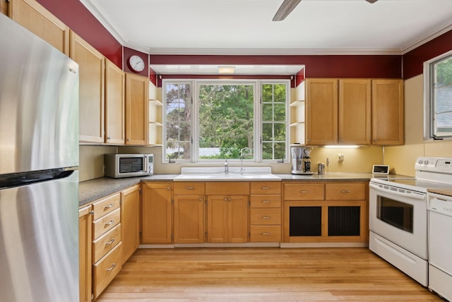 7 Carroll Ave, Auburn, ME 04210 - kitchen with appliances with stainless steel finishes, open shelves, light wood-style flooring, a sink, and ornamental molding
