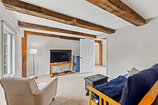 179 Alfred Rd, Kennebunk, ME 04043 - carpeted living room featuring beamed ceiling and a baseboard heating unit