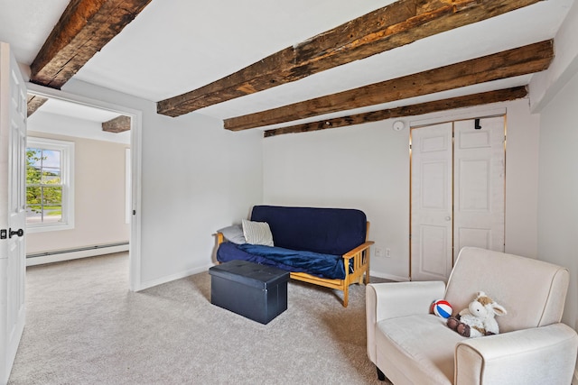 179 Alfred Rd, Kennebunk, ME 04043 - living area with baseboard heating, carpet floors, and beamed ceiling