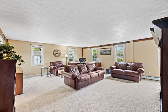 179 Alfred Rd, Kennebunk, ME 04043 - carpeted living area with a baseboard radiator and a textured ceiling