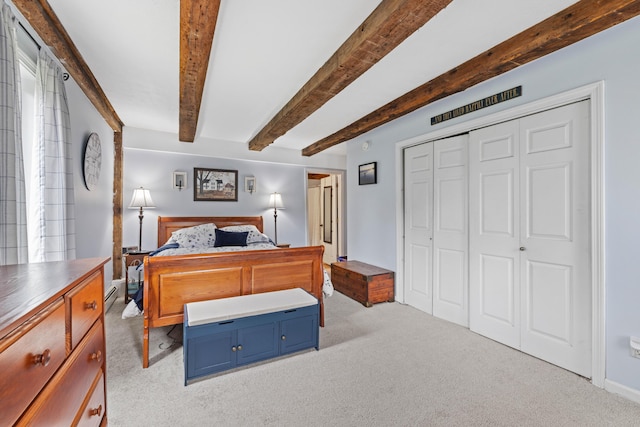 179 Alfred Rd, Kennebunk, ME 04043 - bedroom featuring beamed ceiling, light carpet, and a closet