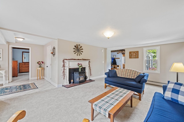 179 Alfred Rd, Kennebunk, ME 04043 - living room with baseboard heating, a wood stove, and light colored carpet