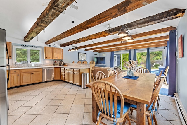 179 Alfred Rd, Kennebunk, ME 04043 - dining room featuring a baseboard radiator, light tile patterned flooring, and beam ceiling