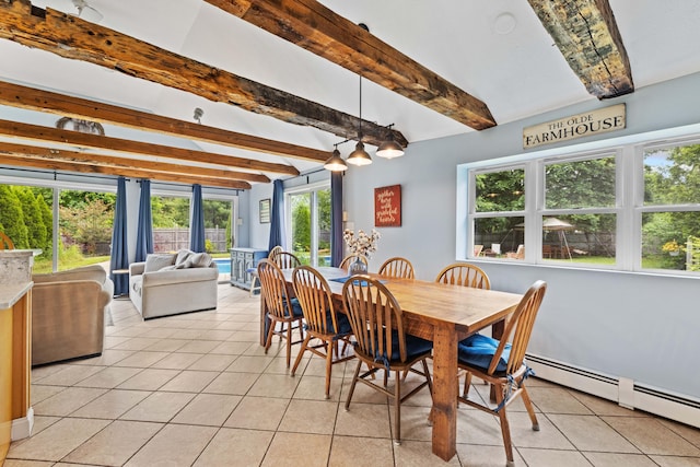 179 Alfred Rd, Kennebunk, ME 04043 - dining space featuring light tile patterned flooring, beam ceiling, and baseboard heating