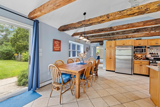179 Alfred Rd, Kennebunk, ME 04043 - dining area featuring beam ceiling, light tile patterned floors, and baseboard heating