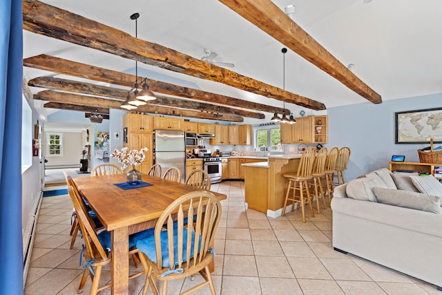 179 Alfred Rd, Kennebunk, ME 04043 - dining room with light tile patterned floors and beamed ceiling