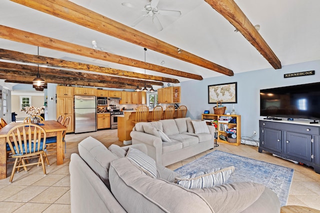 179 Alfred Rd, Kennebunk, ME 04043 - living room featuring ceiling fan, beamed ceiling, and light tile patterned floors