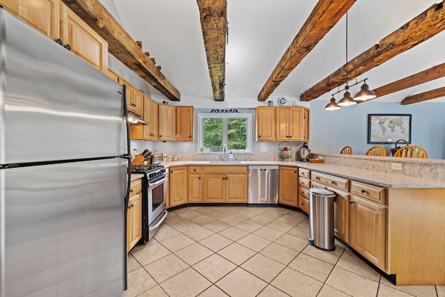 179 Alfred Rd, Kennebunk, ME 04043 - kitchen with stainless steel appliances, a peninsula, light tile patterned flooring, beamed ceiling, and pendant lighting