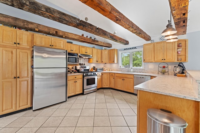 179 Alfred Rd, Kennebunk, ME 04043 - kitchen with appliances with stainless steel finishes, beam ceiling, open shelves, light tile patterned flooring, and light stone counters