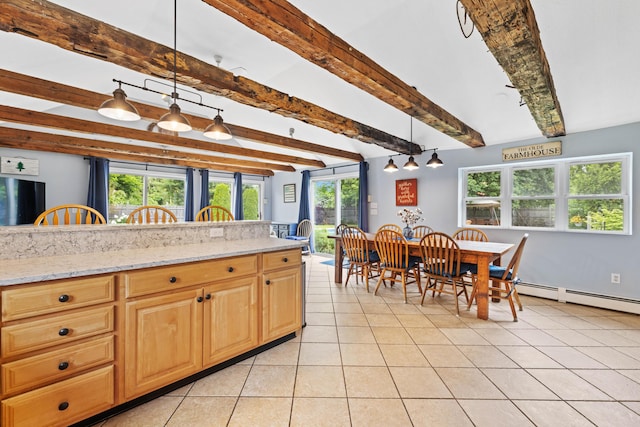 179 Alfred Rd, Kennebunk, ME 04043 - kitchen featuring beamed ceiling, light tile patterned floors, decorative light fixtures, light stone counters, and light brown cabinetry