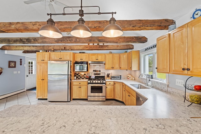 179 Alfred Rd, Kennebunk, ME 04043 - kitchen featuring stainless steel appliances, a baseboard radiator, under cabinet range hood, light tile patterned floors, and beamed ceiling