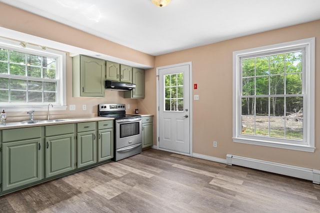 20 Huntington Ln, Berwick, ME 03901 - kitchen featuring green cabinetry, stainless steel electric stove, extractor fan, a sink, and light countertops