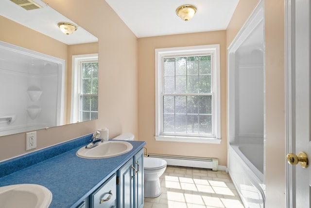 20 Huntington Ln, Berwick, ME 03901 - full bathroom featuring a baseboard radiator, toilet, double vanity, tile patterned floors, and shower / tub combination