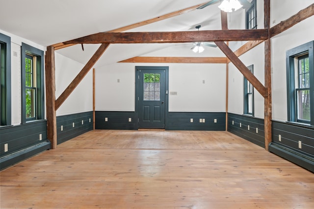 74 Main St, Cornish, ME 04020 - entryway featuring wainscoting, wood-type flooring, and ceiling fan