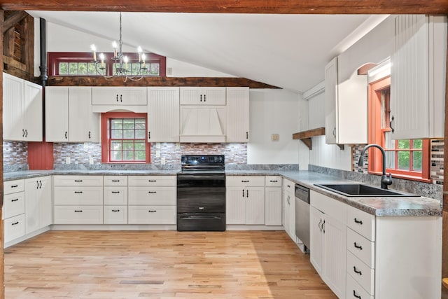 74 Main St, Cornish, ME 04020 - kitchen featuring black range with electric cooktop, a sink, stainless steel dishwasher, decorative backsplash, and light wood-type flooring