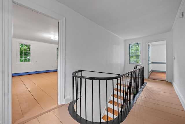 74 Main St, Cornish, ME 04020 - corridor featuring an upstairs landing, a baseboard radiator, baseboards, and wood finished floors