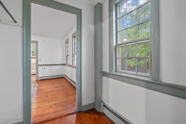 74 Main St, Cornish, ME 04020 - hall with ornamental molding, hardwood / wood-style floors, and a baseboard radiator