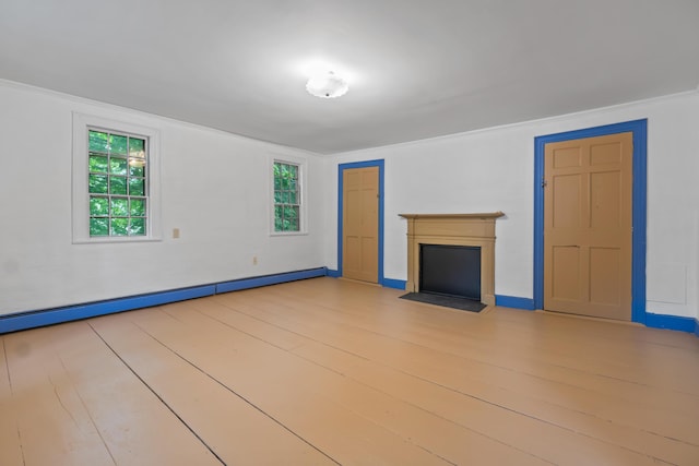 74 Main St, Cornish, ME 04020 - unfurnished living room with a baseboard radiator, wood finished floors, a fireplace with flush hearth, crown molding, and baseboards